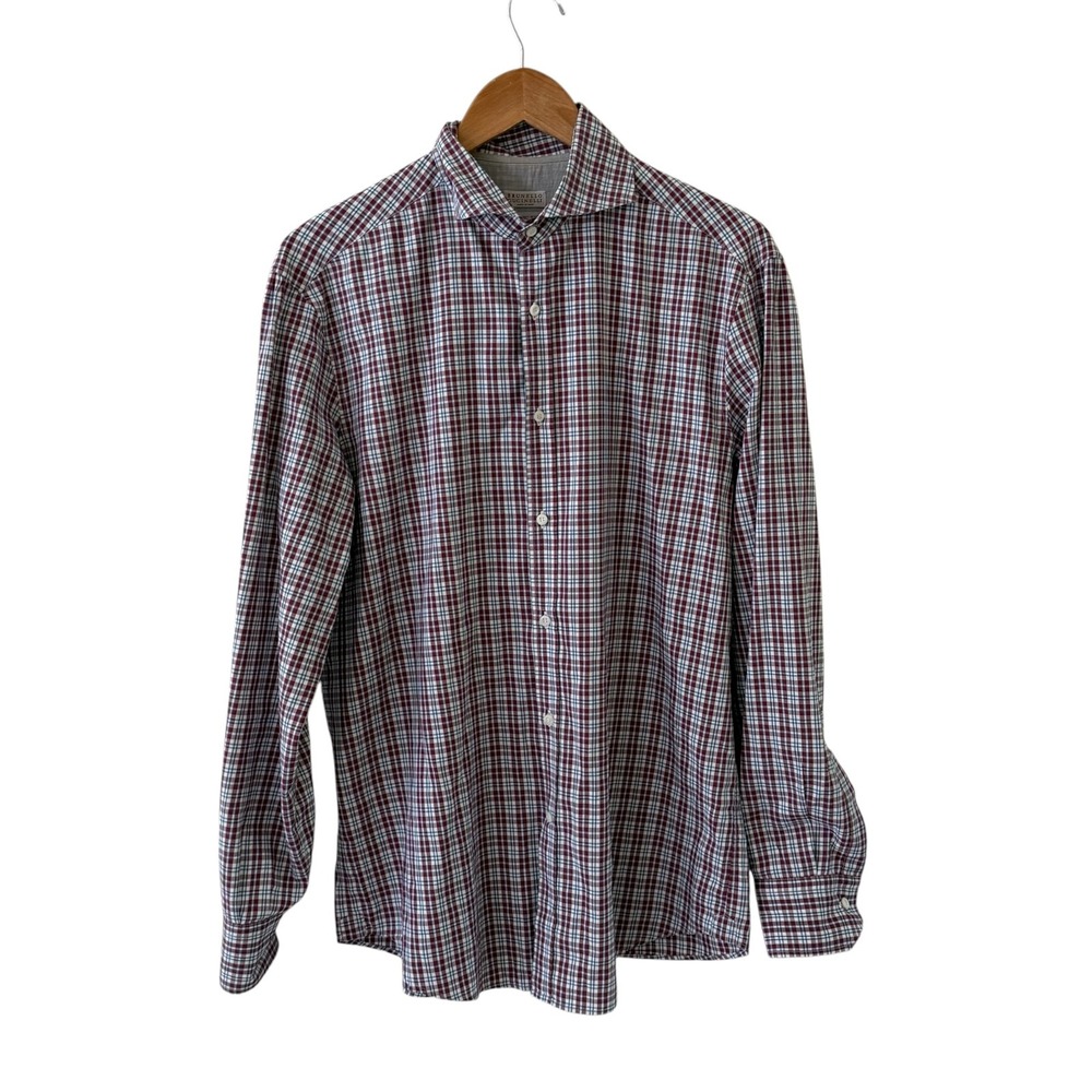 Brunello Cucinelli Basic Fit Button Down Shirt Mens XL Italy 54 Burgundy Plaid